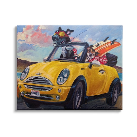 Stupell Industries Pet Dogs Yellow Convertible Surfboard Beach Car Canvas Wall Art